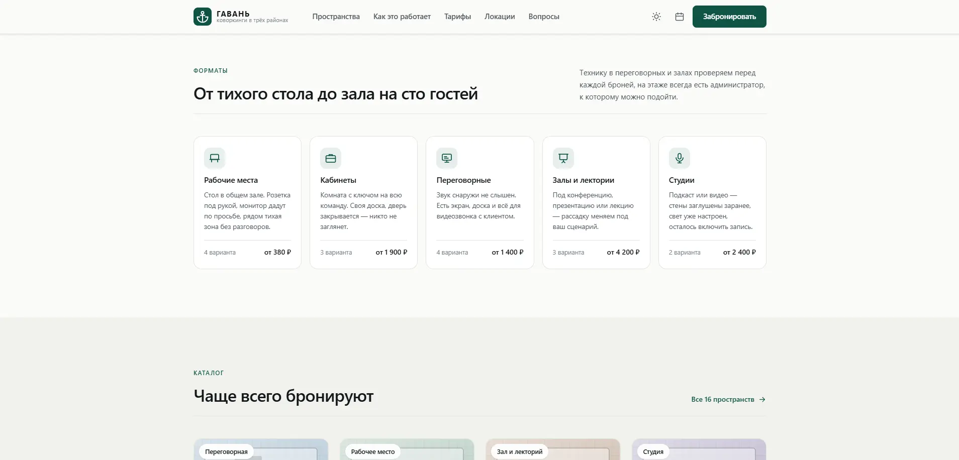 Форматы аренды: рабочие места, кабинеты, переговорные, залы и студии