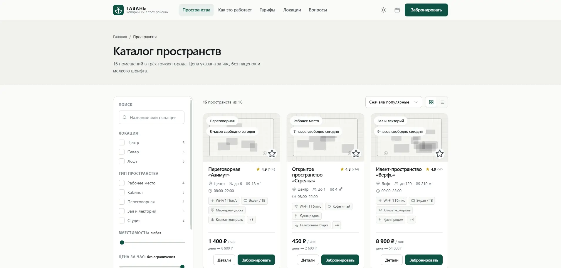 Каталог пространств с фильтрами по локации, типу, вместимости и цене