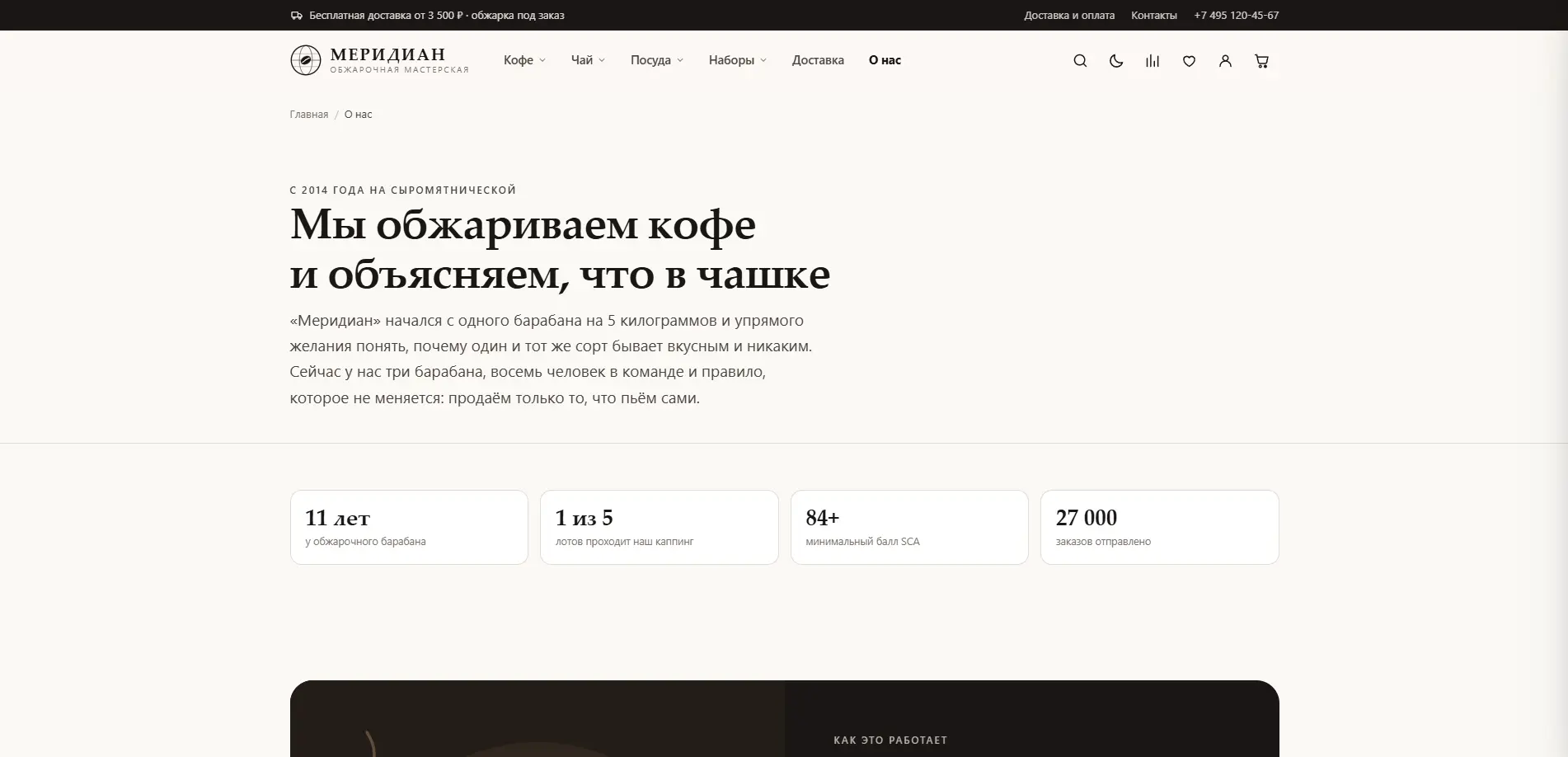Страница «О нас» с показателями мастерской